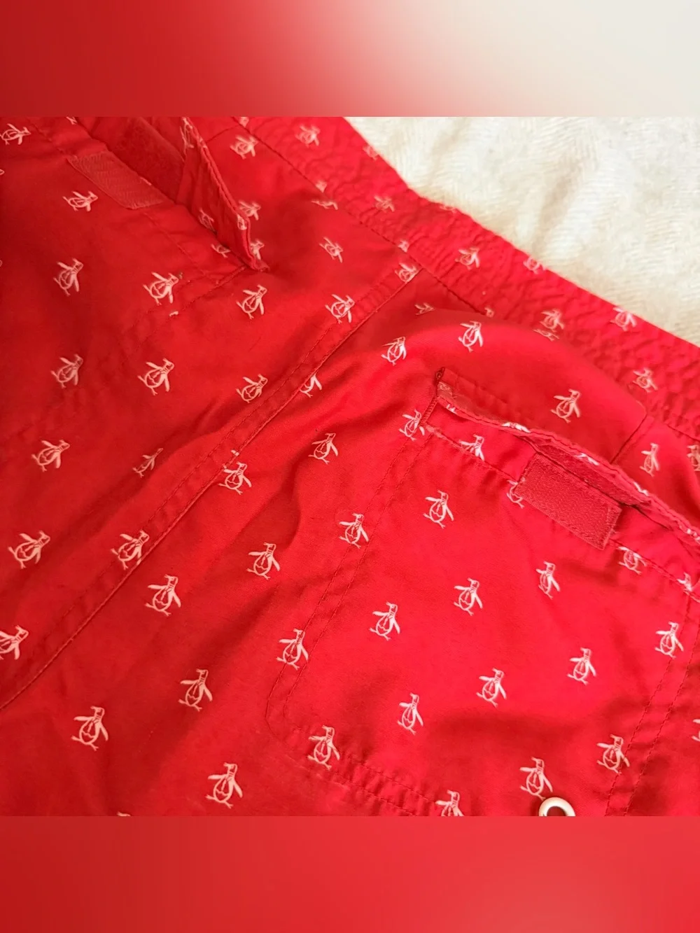An original PENGUIN Men Swim Short Red Micro Penguin Logo Pattern 30W